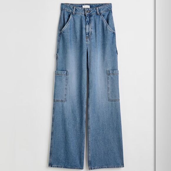 H&M Women's High Rise Wide-leg Cargo Pants Medium Wash Size 2 EUC - Picture 1 of 16